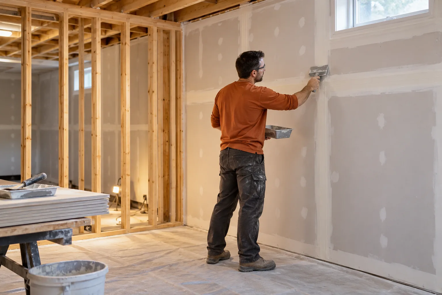 A worker taping basement drywall beside an exposed timber-framed partition.