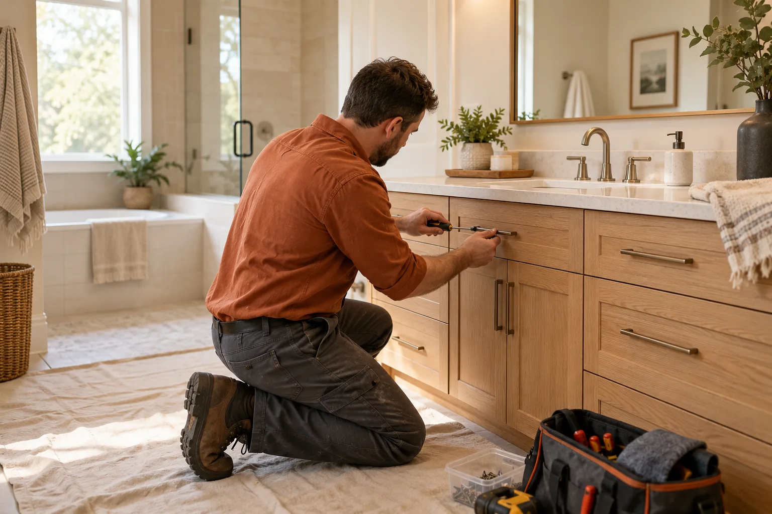 A worker adjusting an oak vanity in a bright bathroom refresh.