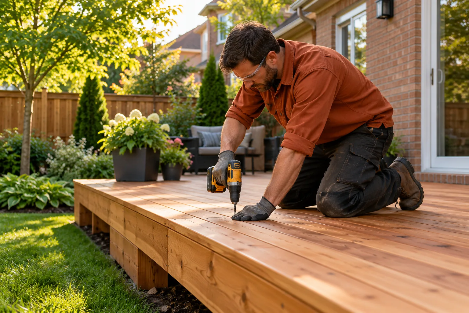A carpenter fastening cedar deck boards in a sunny backyard.