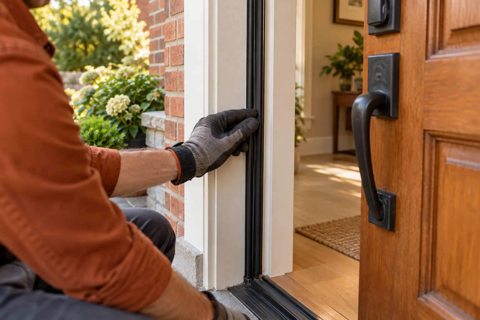 A gloved hand checking the weatherstripping on an open exterior door.
