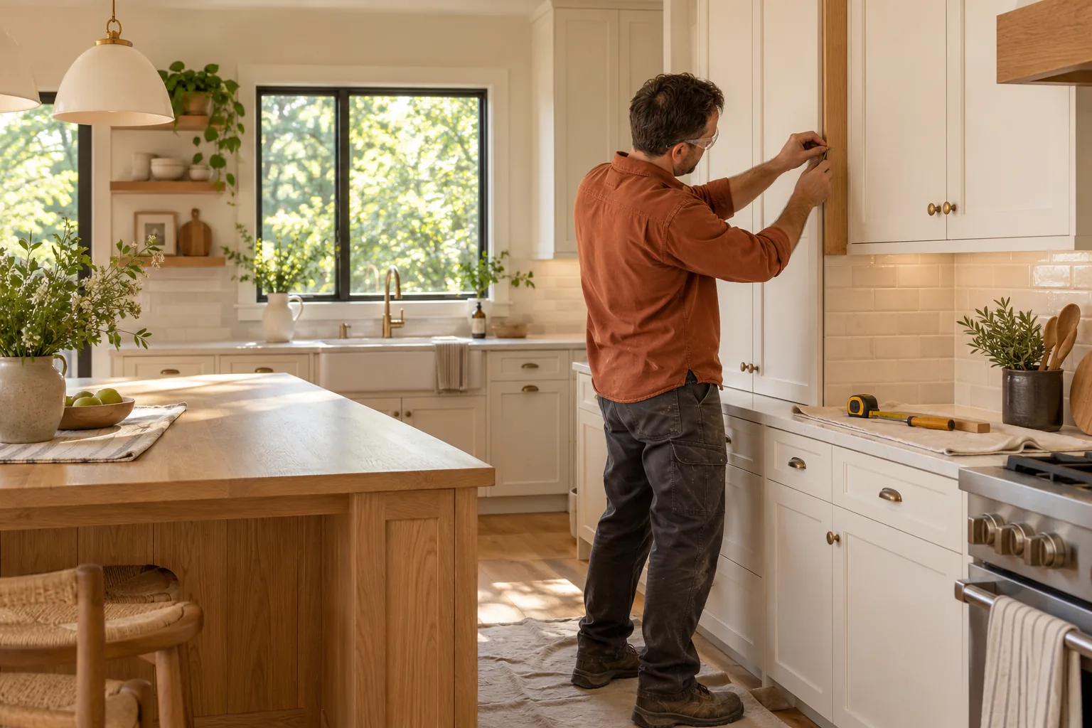 A worker fitting oak cabinet trim in a light-filled kitchen renovation.