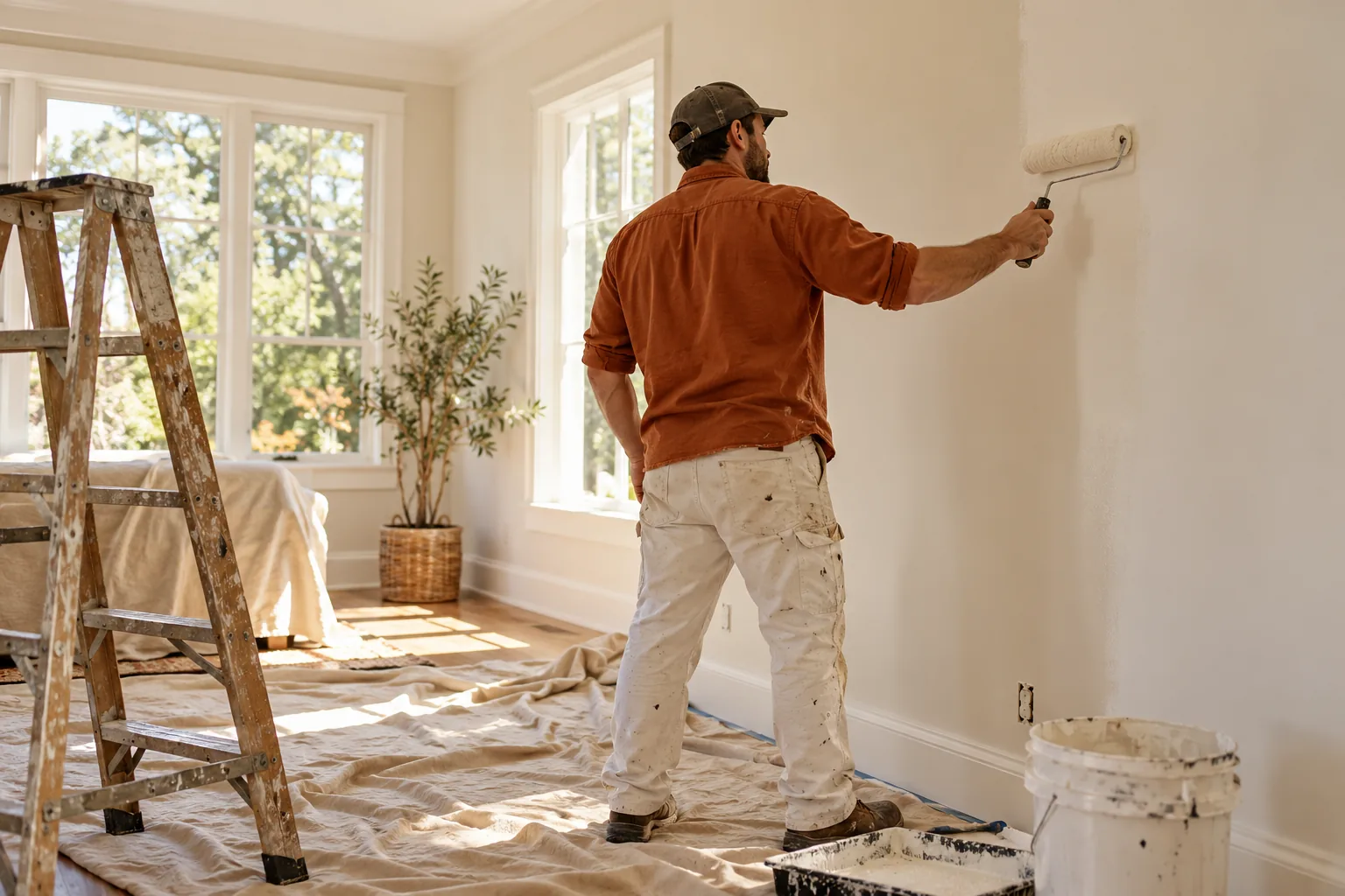 A painter refreshing an interior wall with protective floor coverings.