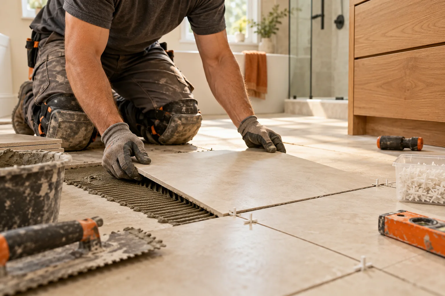 A tiler carefully positioning ivory tiles beside an oak bathroom vanity.